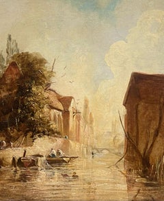 Viktorianisches Ölgemälde, Figuren in Bootsstadt, Flusss-Szene, Rückwasser, viktorianisch