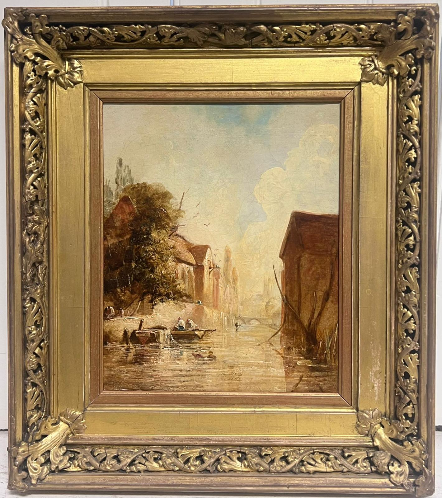 Landscape Painting de William Joseph Julius Caesar Bond (1833-1928) - Pintura al óleo victoriana Figuras en barca Escena fluvial de ciudad remanso