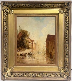 Peinture à l'huile victorienne Figures en bateau Scène de rivière en ville Backwater