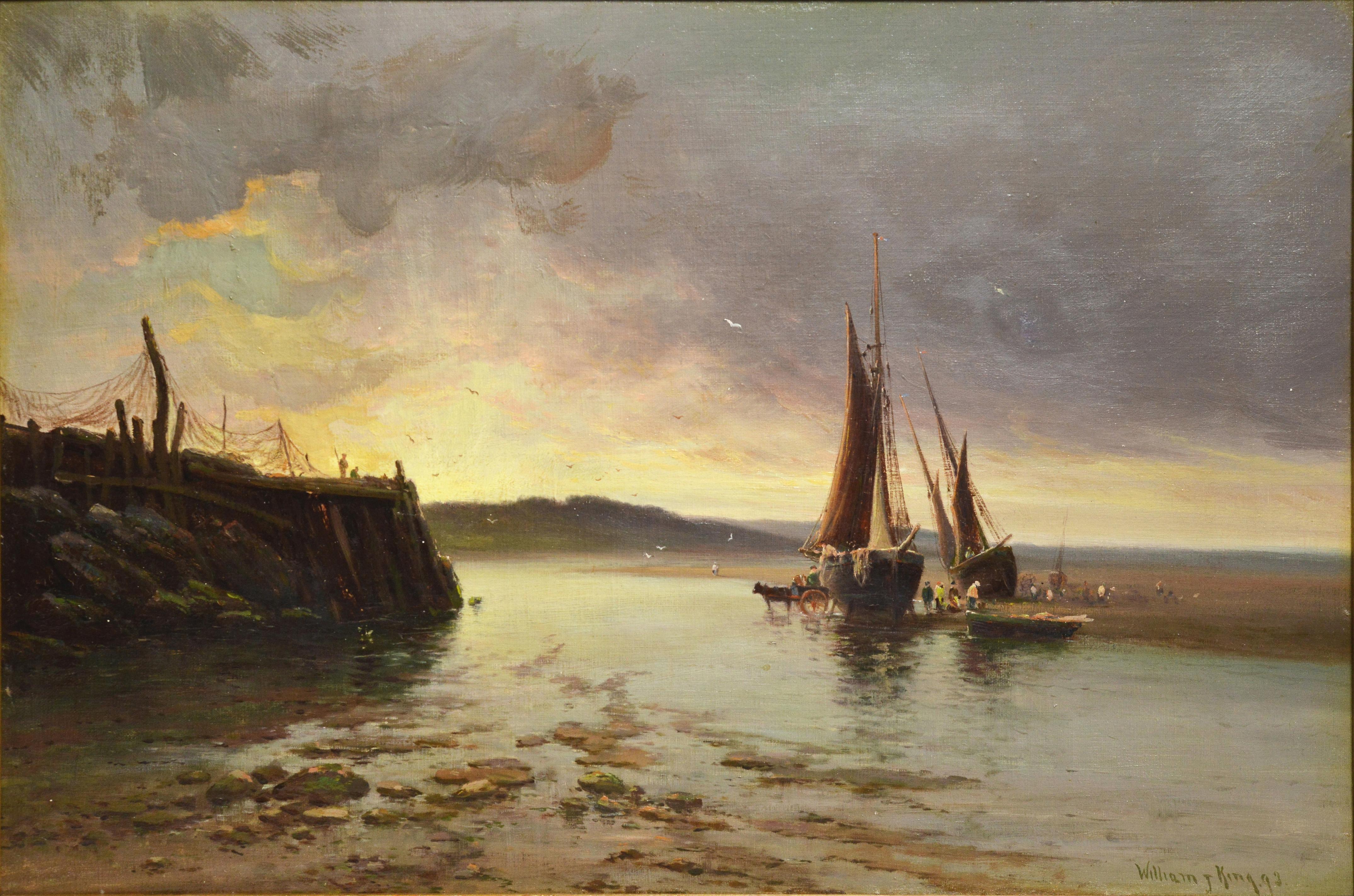 Low Tide Mussel Harvest in Dramatic Sunrise 1893 British Seascape Signed Framed - Painting by William Joseph King