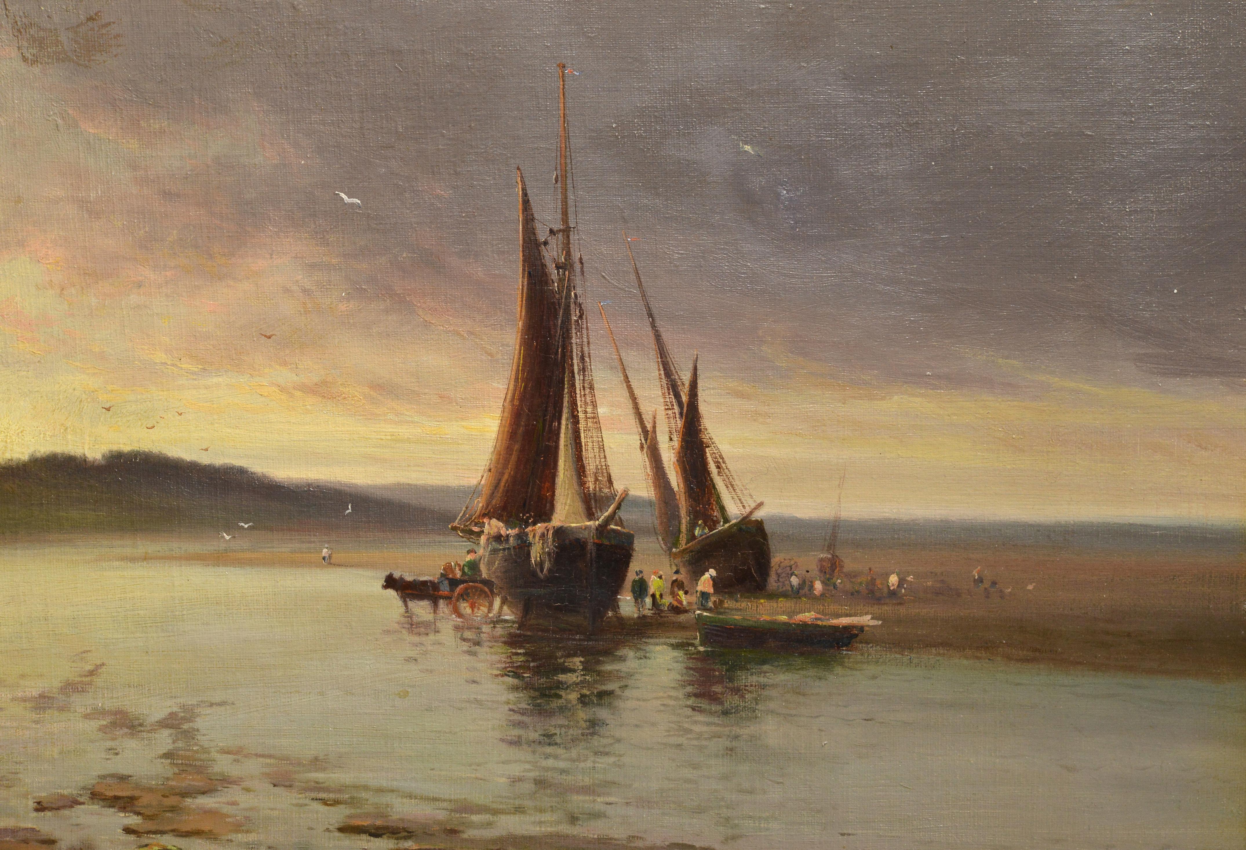 Low Tide Mussel Harvest in Dramatic Sunrise 1893 British Seascape Signed Framed - Realist Painting by William Joseph King