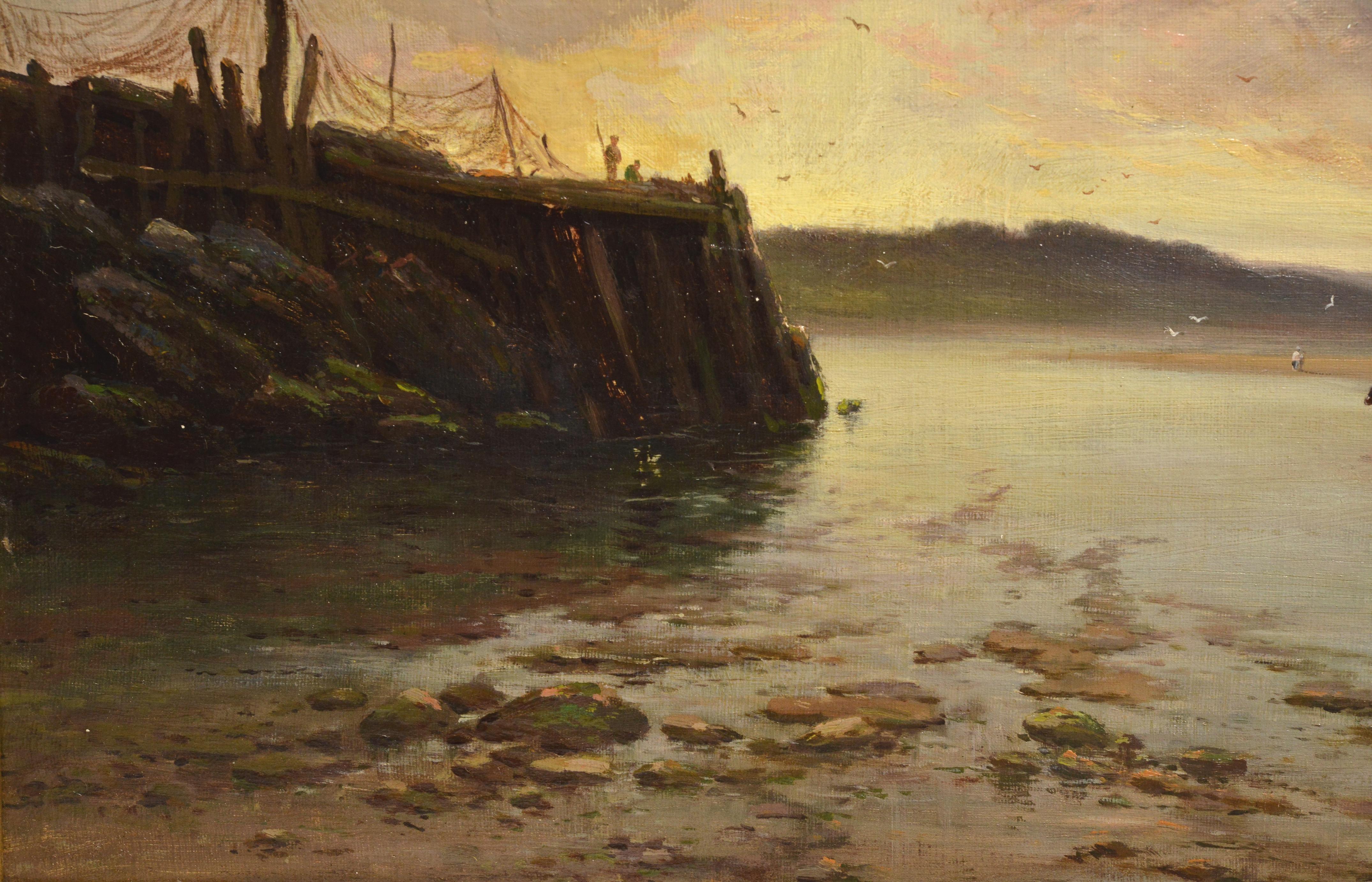 Low Tide Mussel Harvest in Dramatic Sunrise 1893 British Seascape Signed Framed 2