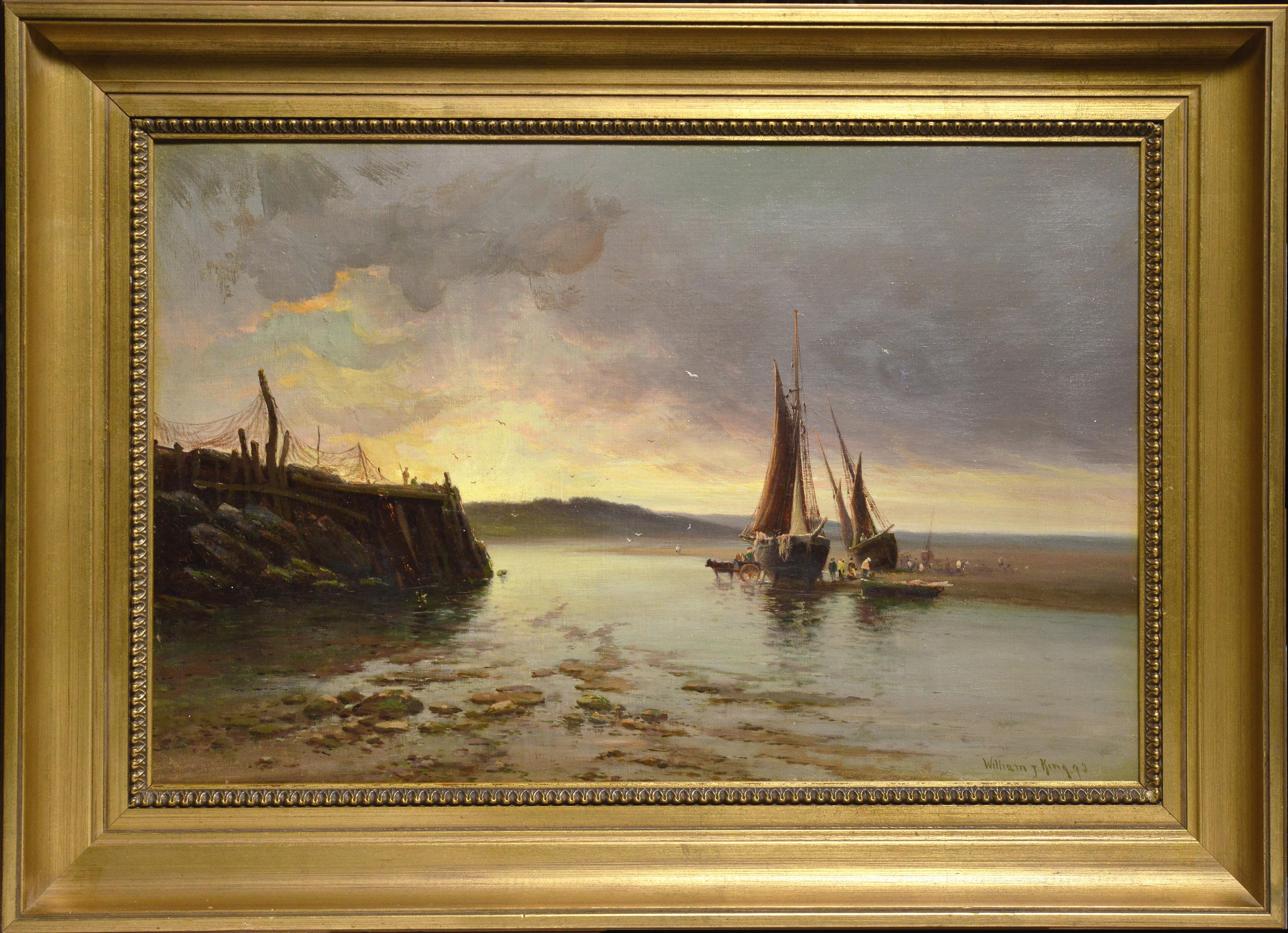 William Joseph King Landscape Painting - Low Tide Mussel Harvest in Dramatic Sunrise 1893 British Seascape Signed Framed