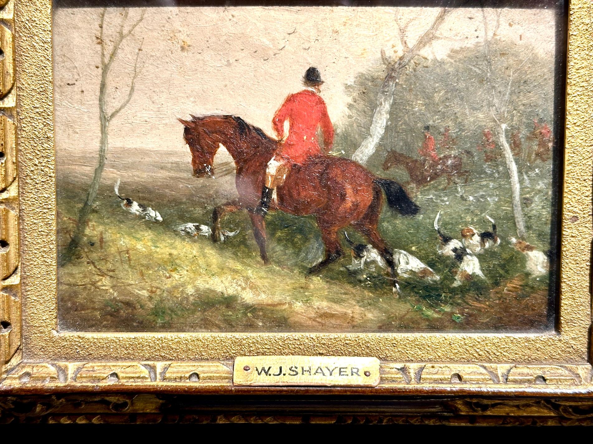 19th century English fox hunter on his horse oil in a landscape - Painting by William Joseph Shayer