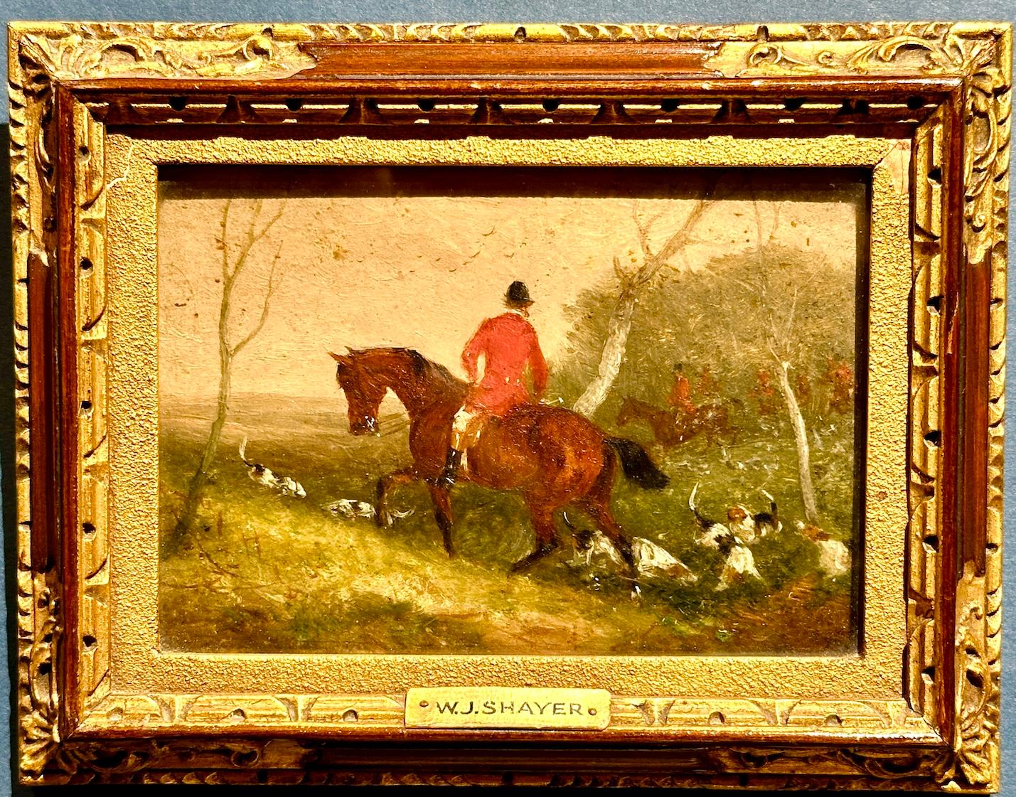 William Joseph Shayer Landscape Painting - 19th century English fox hunter on his horse oil in a landscape