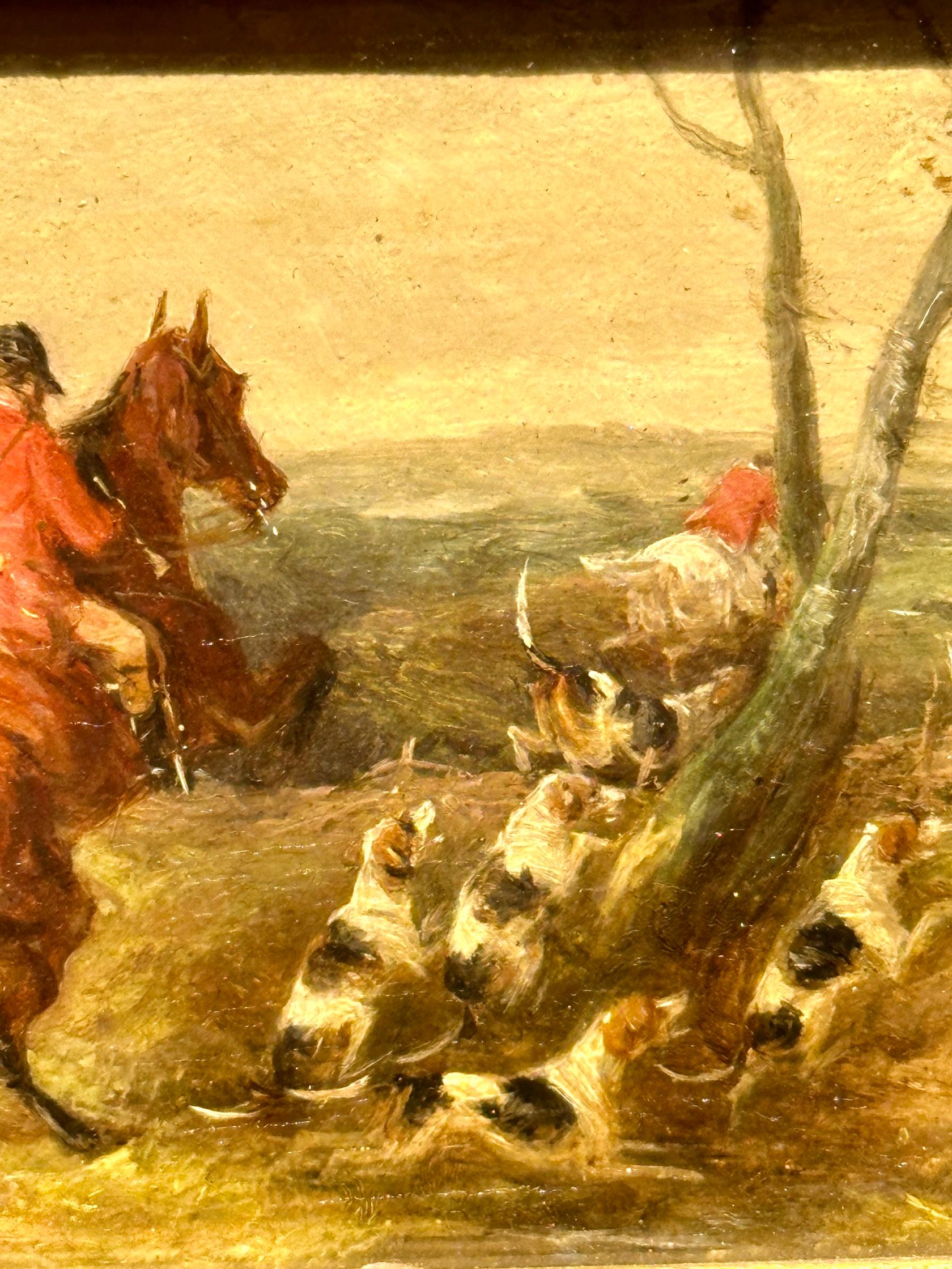19th century English fox hunter on his horse oil in a landscape with fox hounds - Painting by William Joseph Shayer