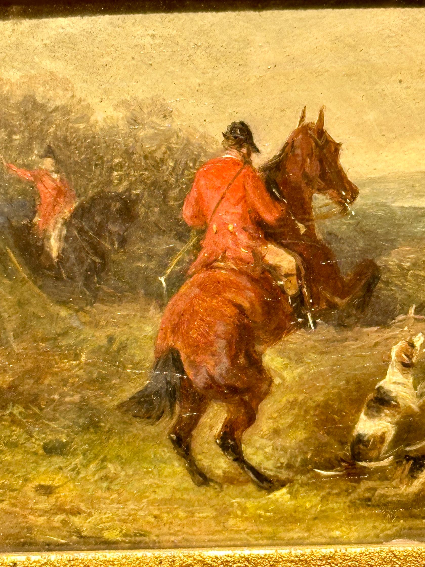 Chasseur de renards anglais du 19e siècle sur son cheval, huile dans un paysage avec des chiens de chasse - Victorien Painting par William Joseph Shayer