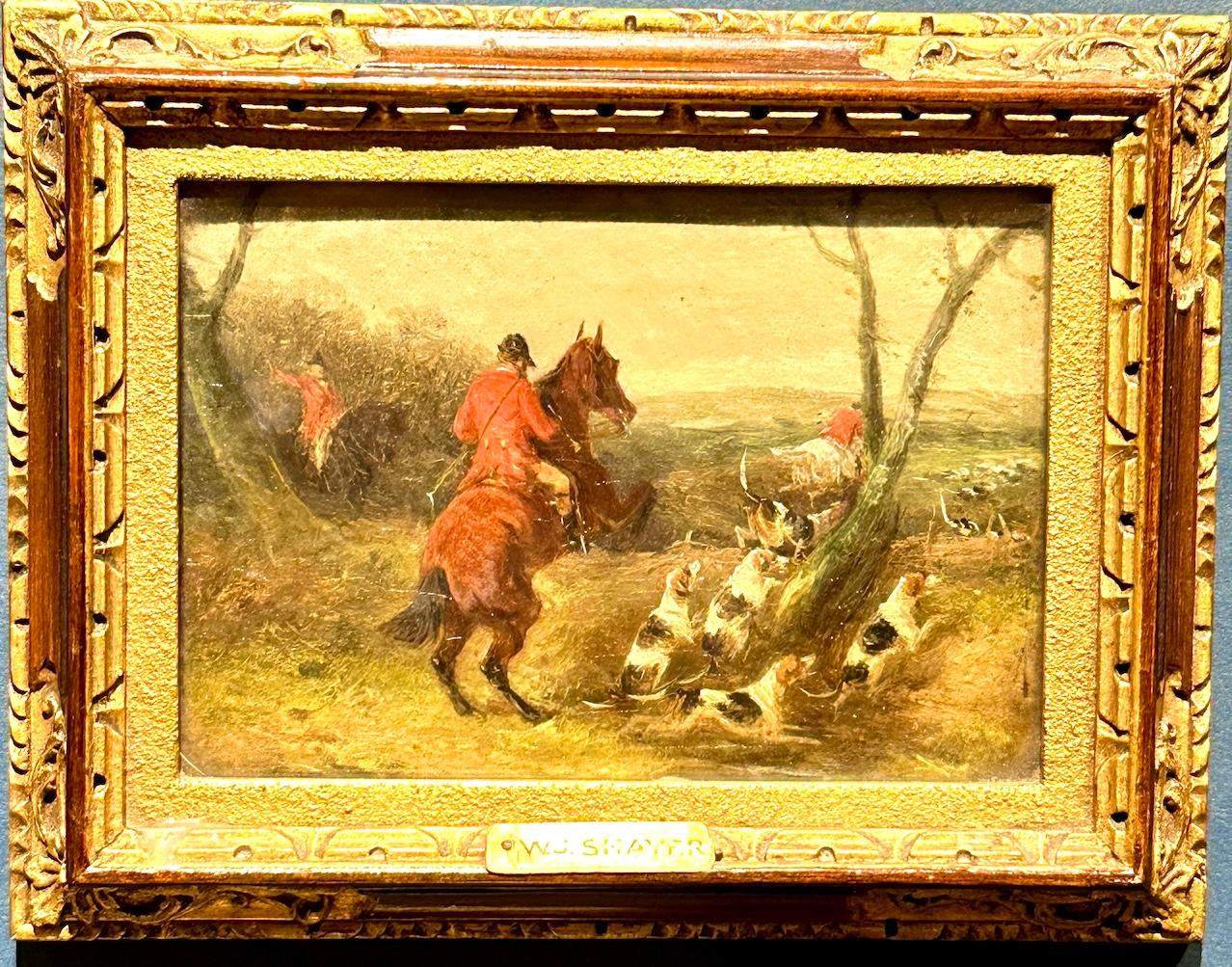 William Joseph Shayer Landscape Painting - 19th century English fox hunter on his horse oil in a landscape with fox hounds