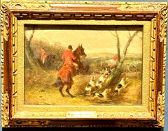Vintage 19th century English fox hunter on his horse oil in a landscape with fox hounds