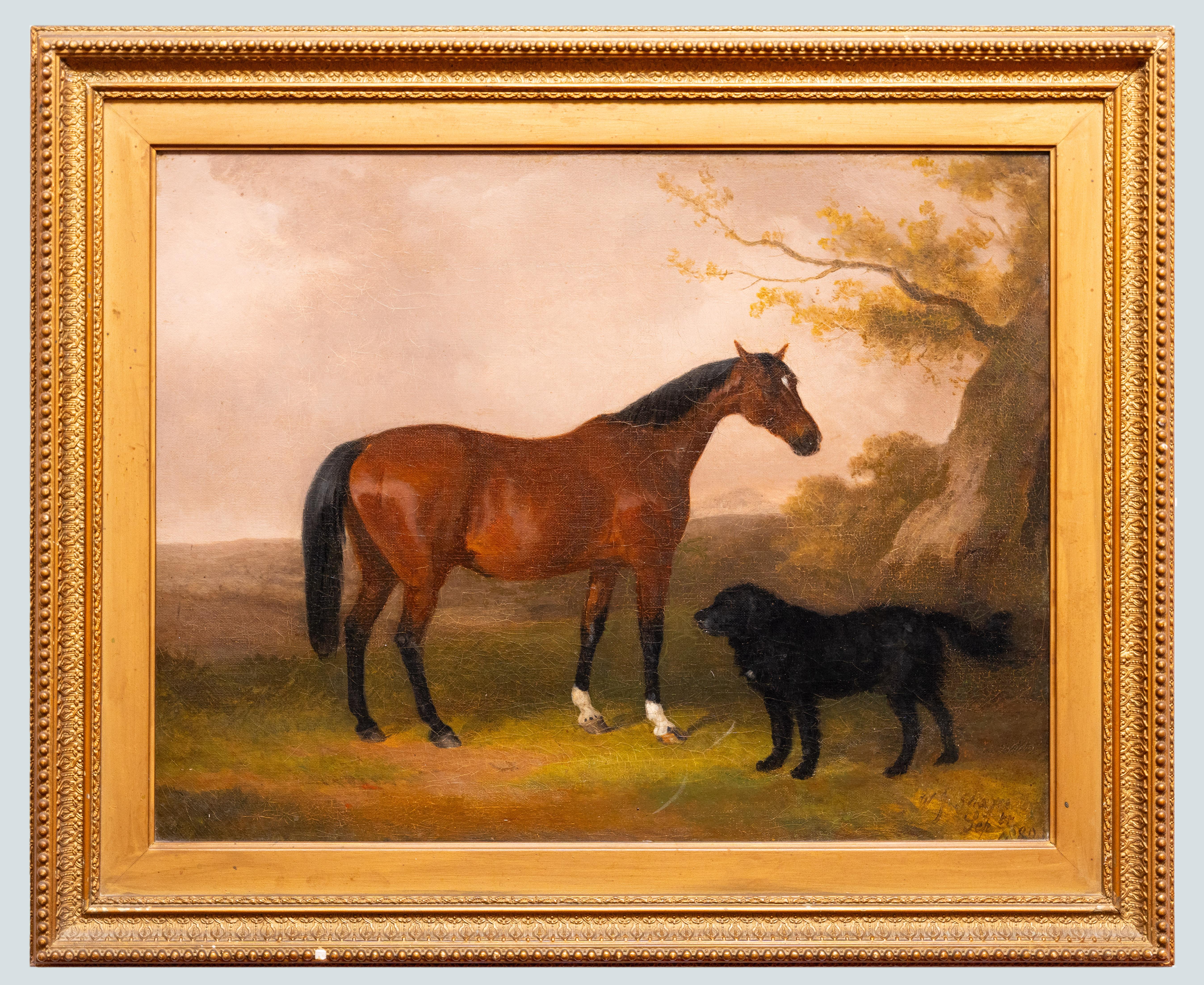 This painting by William Joseph Shayer features a horse and dog in a landscape surrounded by a serene and rustic scene, showcasing Shayer's skill in portraying figures within natural settings. The composition features a horse, standing in a rolling