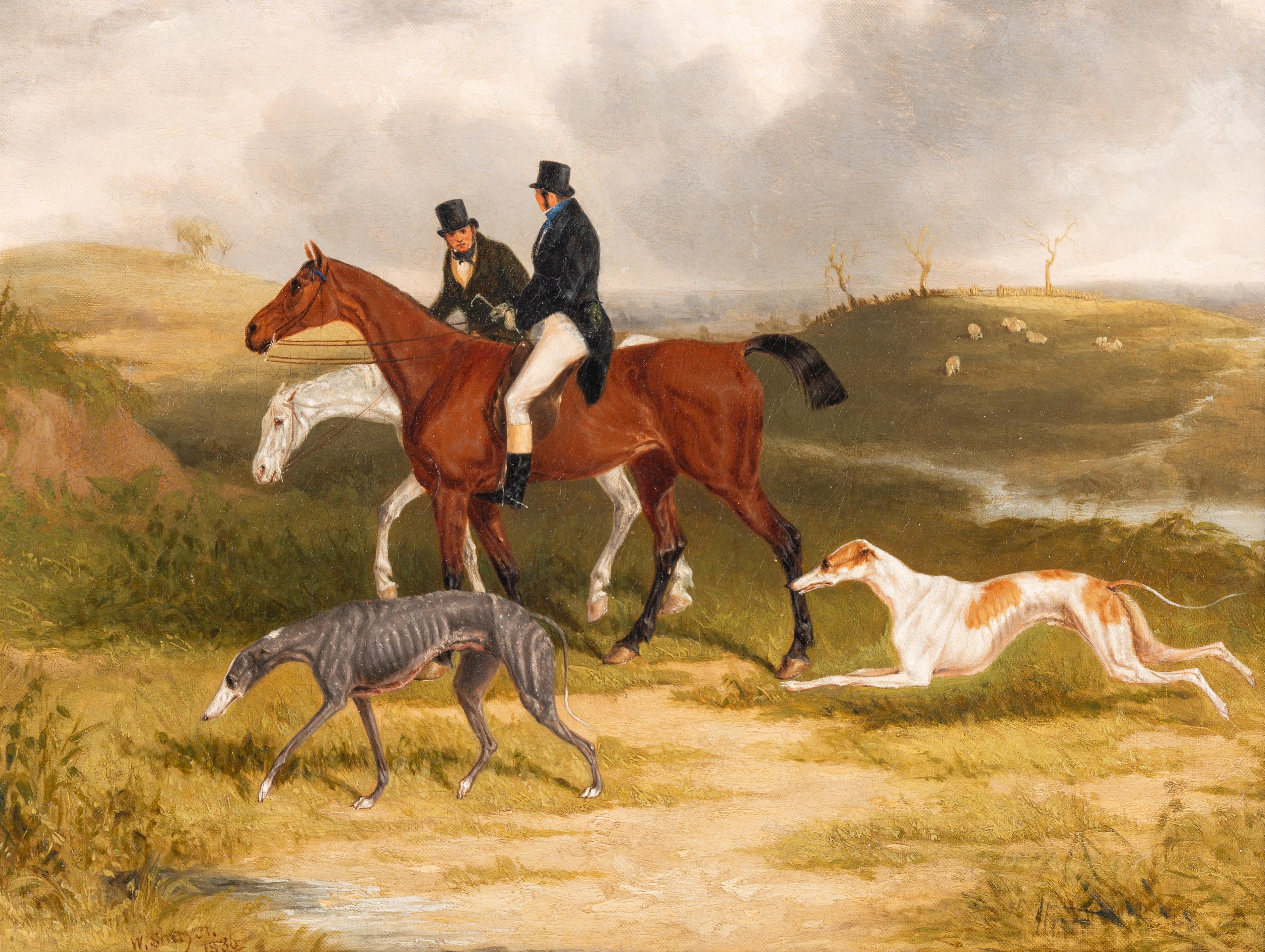 Two gentlemen on hunters with greyhounds in a landscape - Painting by William Joseph Shayer