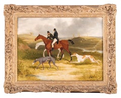 Antique Two gentlemen on hunters with greyhounds in a landscape