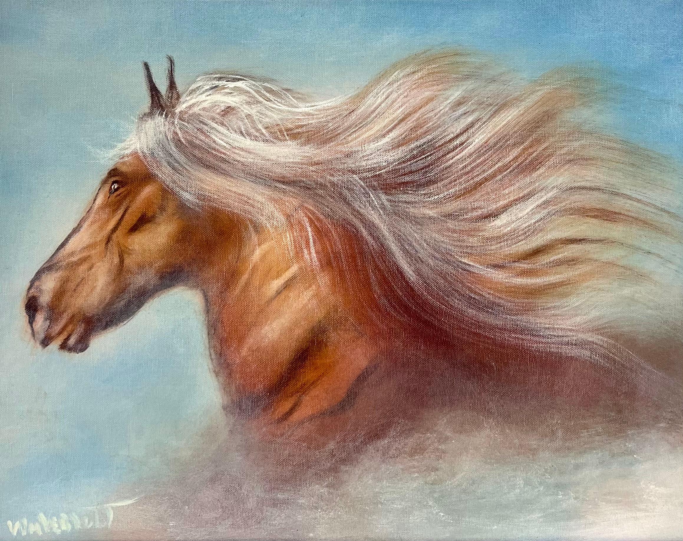 Running Wildpferdkopf & Mane Flowing in the Wind Signiertes Ölgemälde – Painting von William Joseph Verdult (Dutch, 1939-2016)