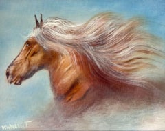 Running Wild Horse Head & Mane Flowing in the Wind Signed Oil Painting