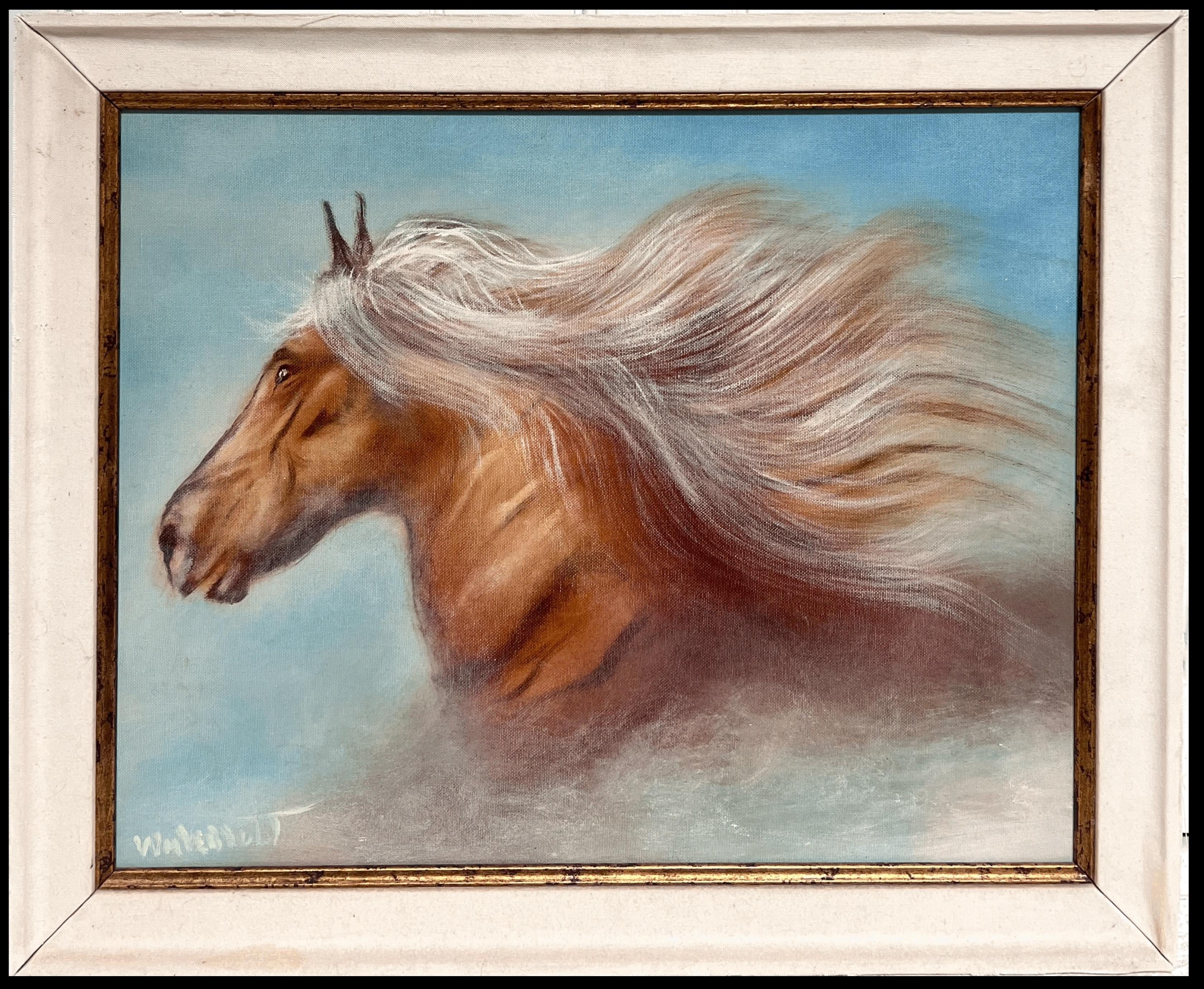 Testa di cavallo selvaggio in corsa e criniera che scorre nel vento, pittura a olio firmata