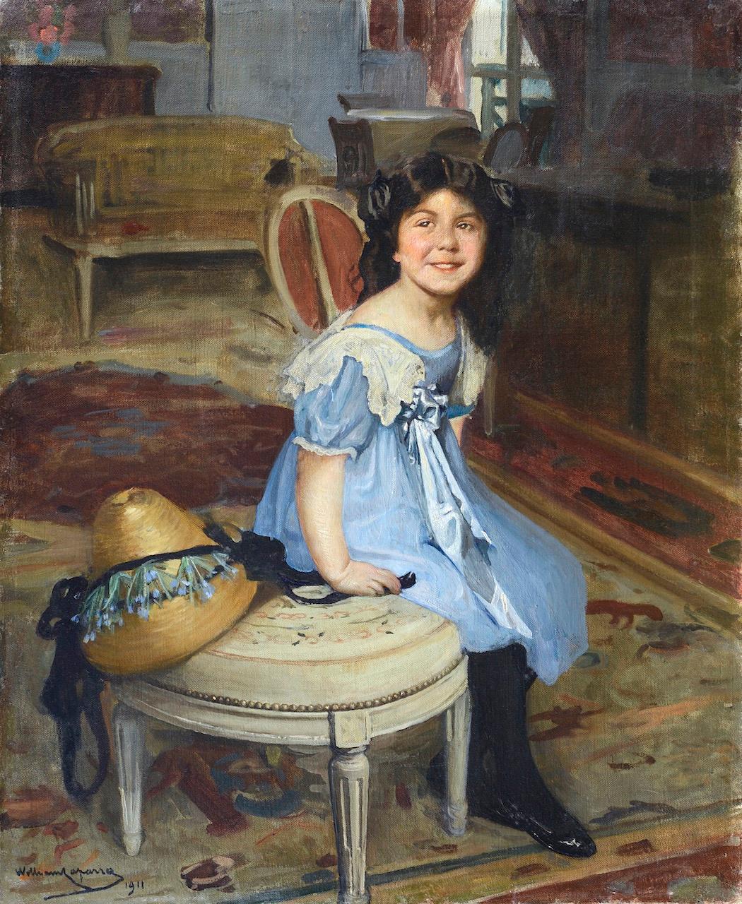 Portrait of a young girl in an interior - Painting by William Julien Emile Edouard LAPARRA