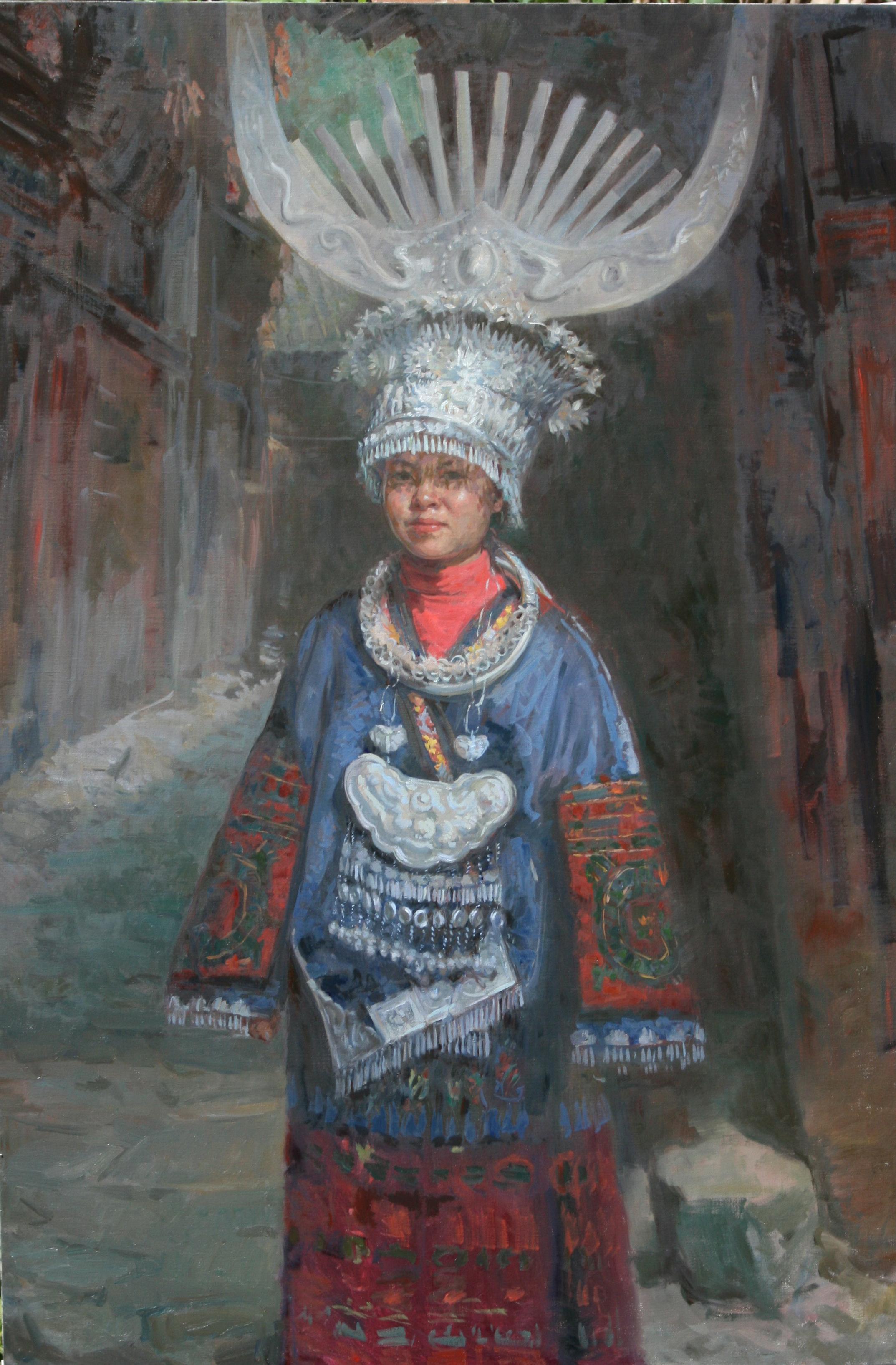Chica Miao, Montañas del Sur de China, Étnica, Pintura al Óleo , Figurativa - Painting de William  Kalwick  