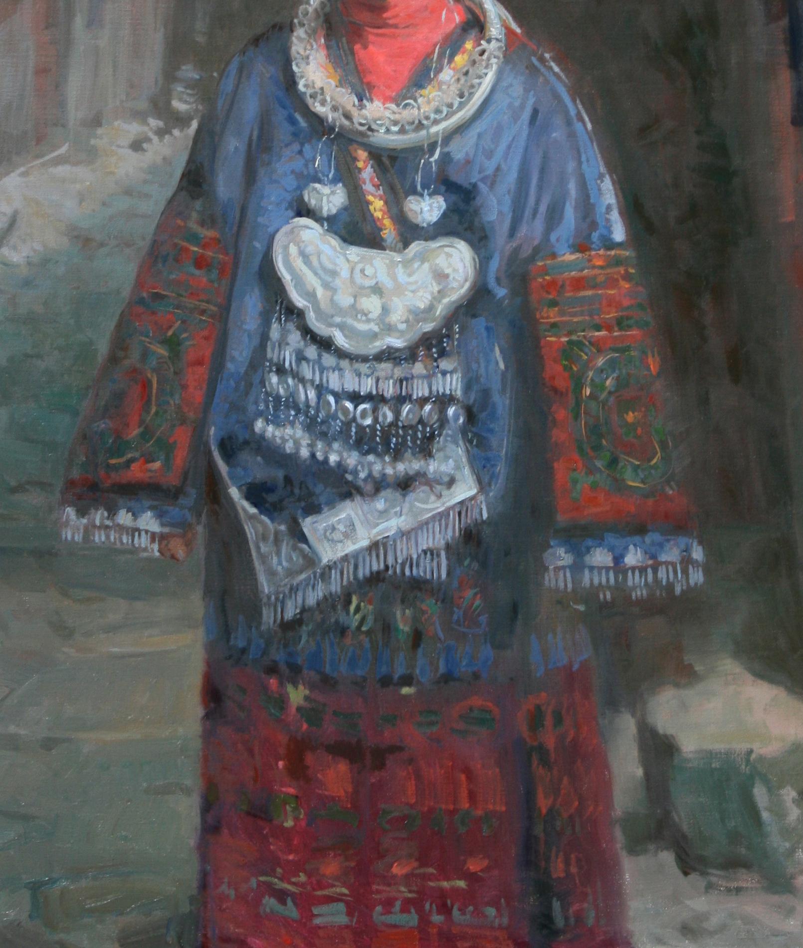  Miao Girl, South China Mountains, Ethnic, Oil Painting , Figurative  - Gray Figurative Painting by William  Kalwick  