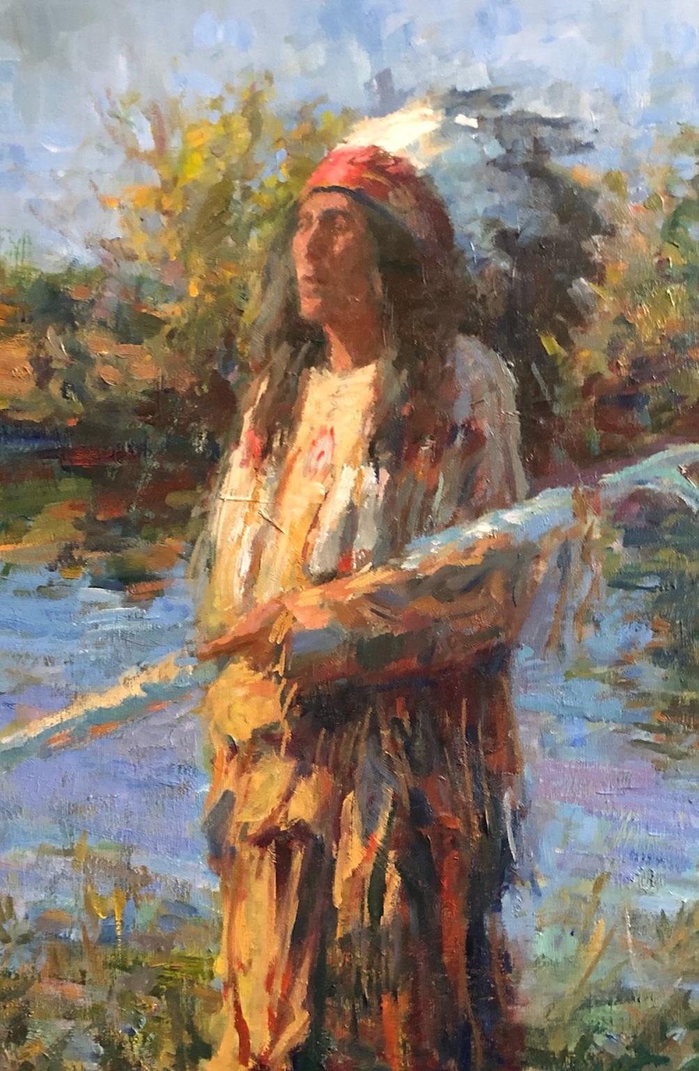 Sacred Place , American Plains Indian, Oil Painting , Texas Artist, Western Art - Gray Landscape Painting by William  Kalwick  