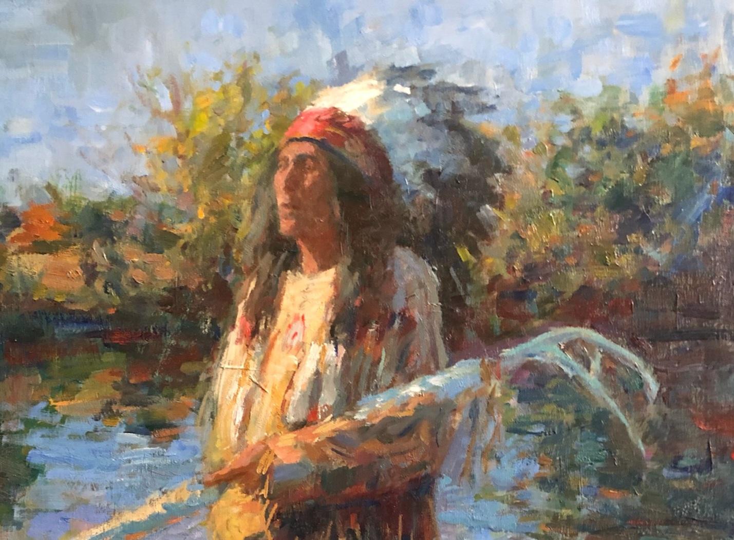 Sacred Place depicts a Native American Plains Indian in this oil painting by Texas artist, William Kalwick.. Native American Indians are known for their bright and colorful fabrics  and headgear which are handmade.  Each Native American Indian
