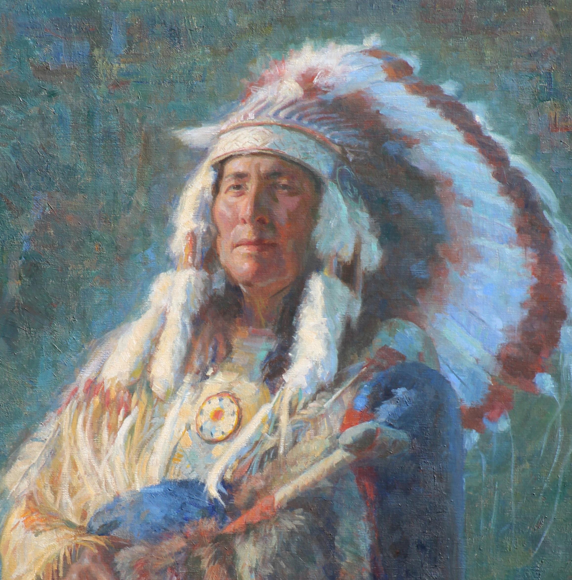  L'aigle blanc, Amérindien amérindien, peinture à l'huile, artiste texan, art occidental - Painting de William  Kalwick  