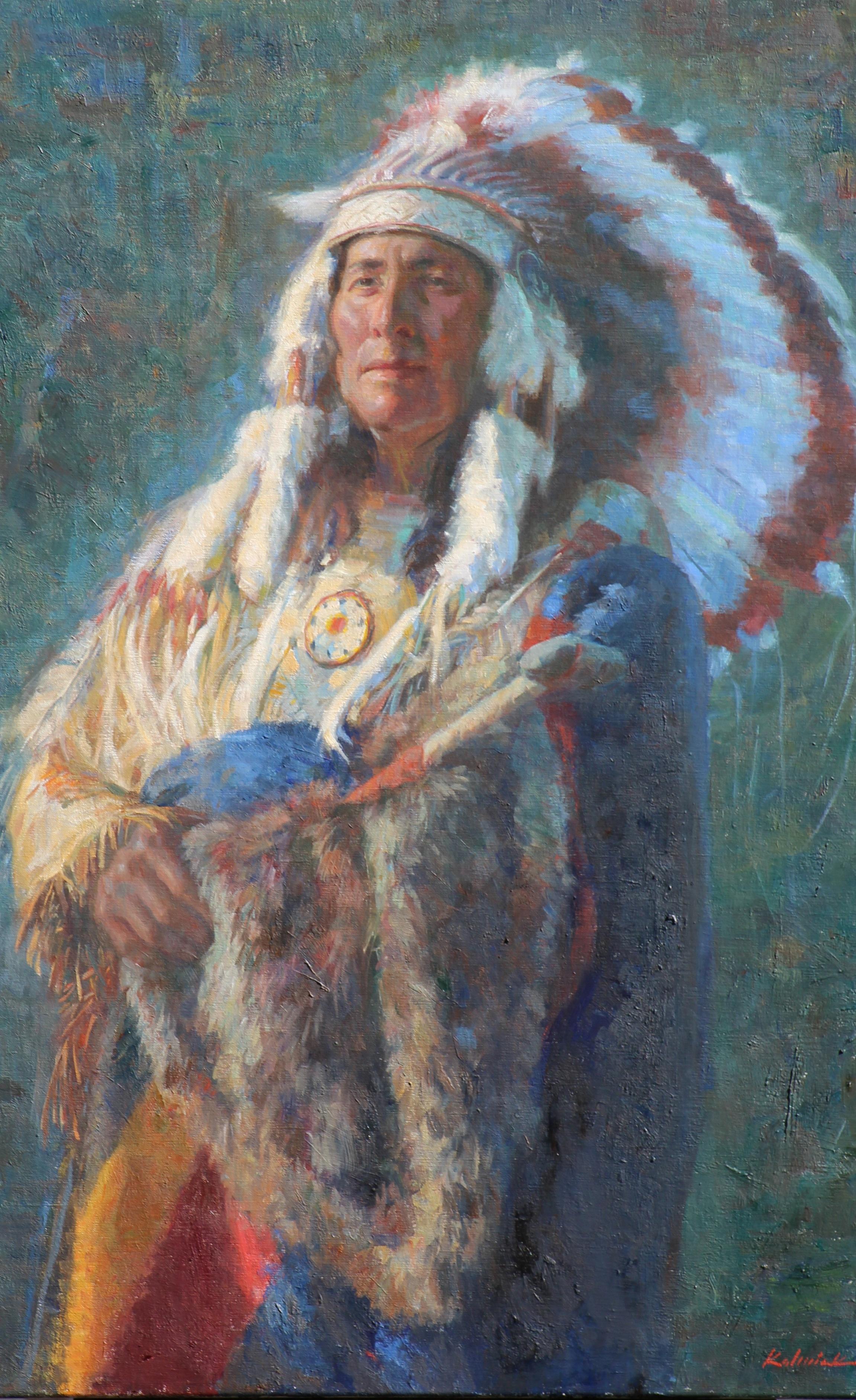  L'aigle blanc, Amérindien amérindien, peinture à l'huile, artiste texan, art occidental - Impressionnisme abstrait Painting par William  Kalwick  