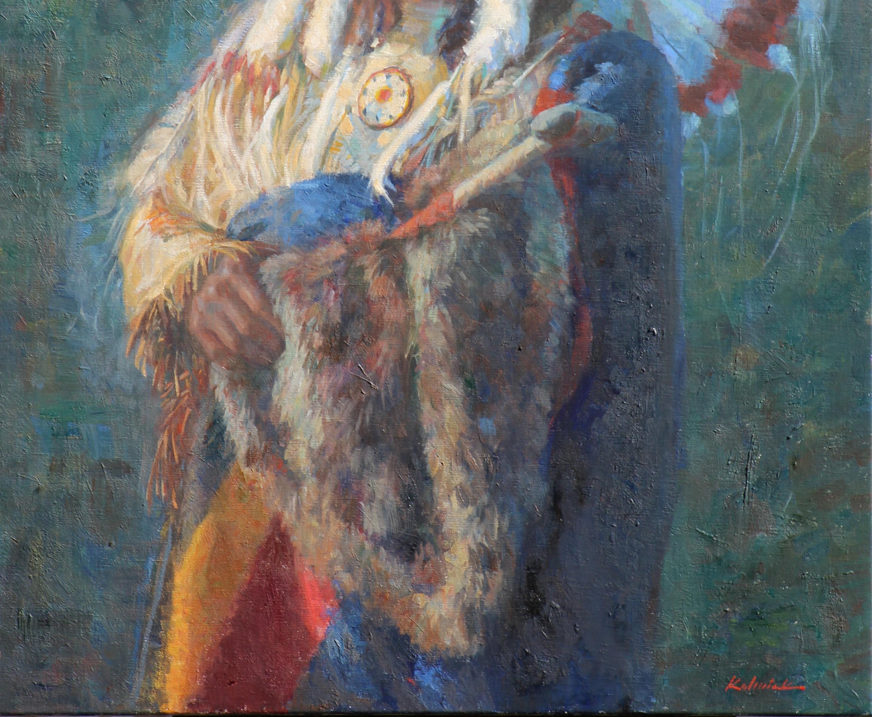  L'aigle blanc, Amérindien amérindien, peinture à l'huile, artiste texan, art occidental - Gris Figurative Painting par William  Kalwick  