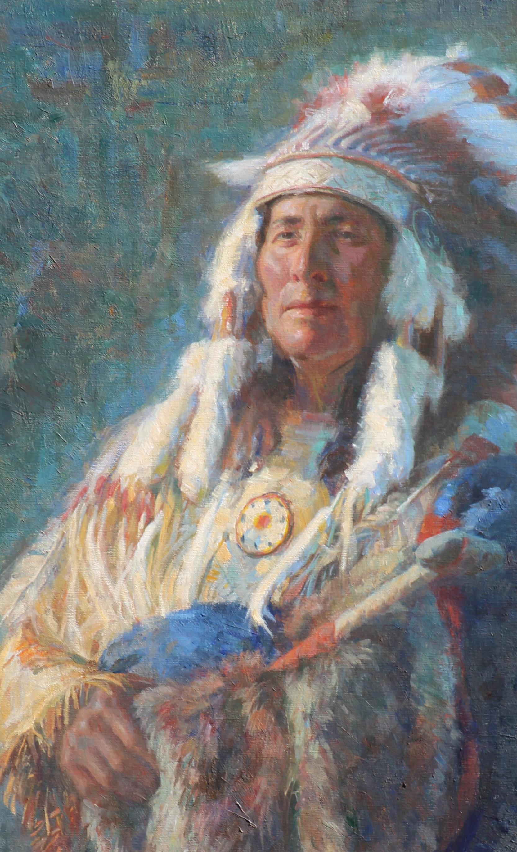 White Eagle représente un Indien d'Amérique du Nord dans cette peinture à l'huile de l'artiste texan William Kalwick... Les Indiens d'Amérique sont connus pour leurs tissus brillants et colorés  et les coiffures qui sont faites à la main.  Chaque