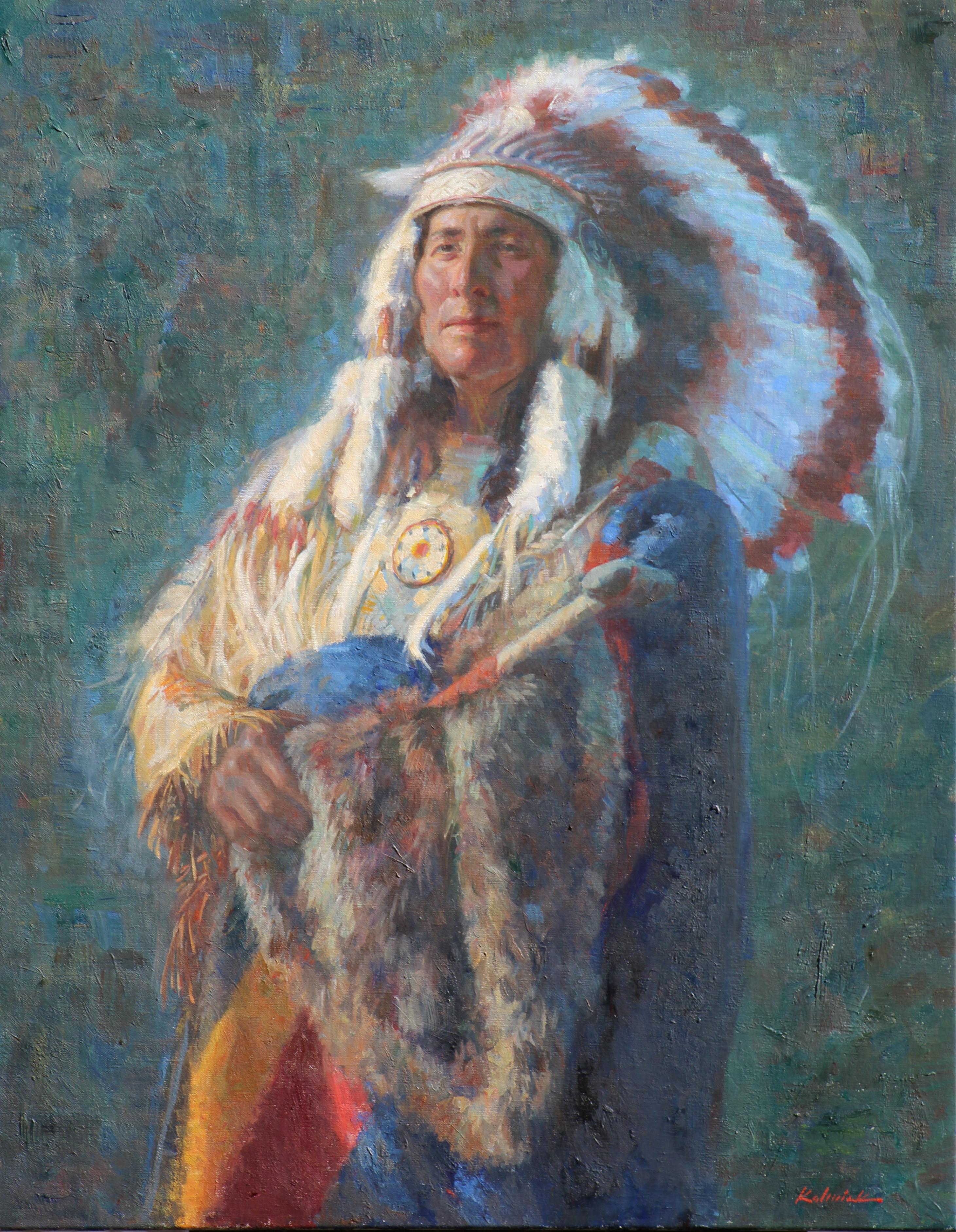 White Eagle depicts a Native American Indian in this oil painting by Texas artist, William Kalwick.. Native American Indians are known for their bright and colorful fabrics  and headgear which are handmade.  Each Native American Indian reservation