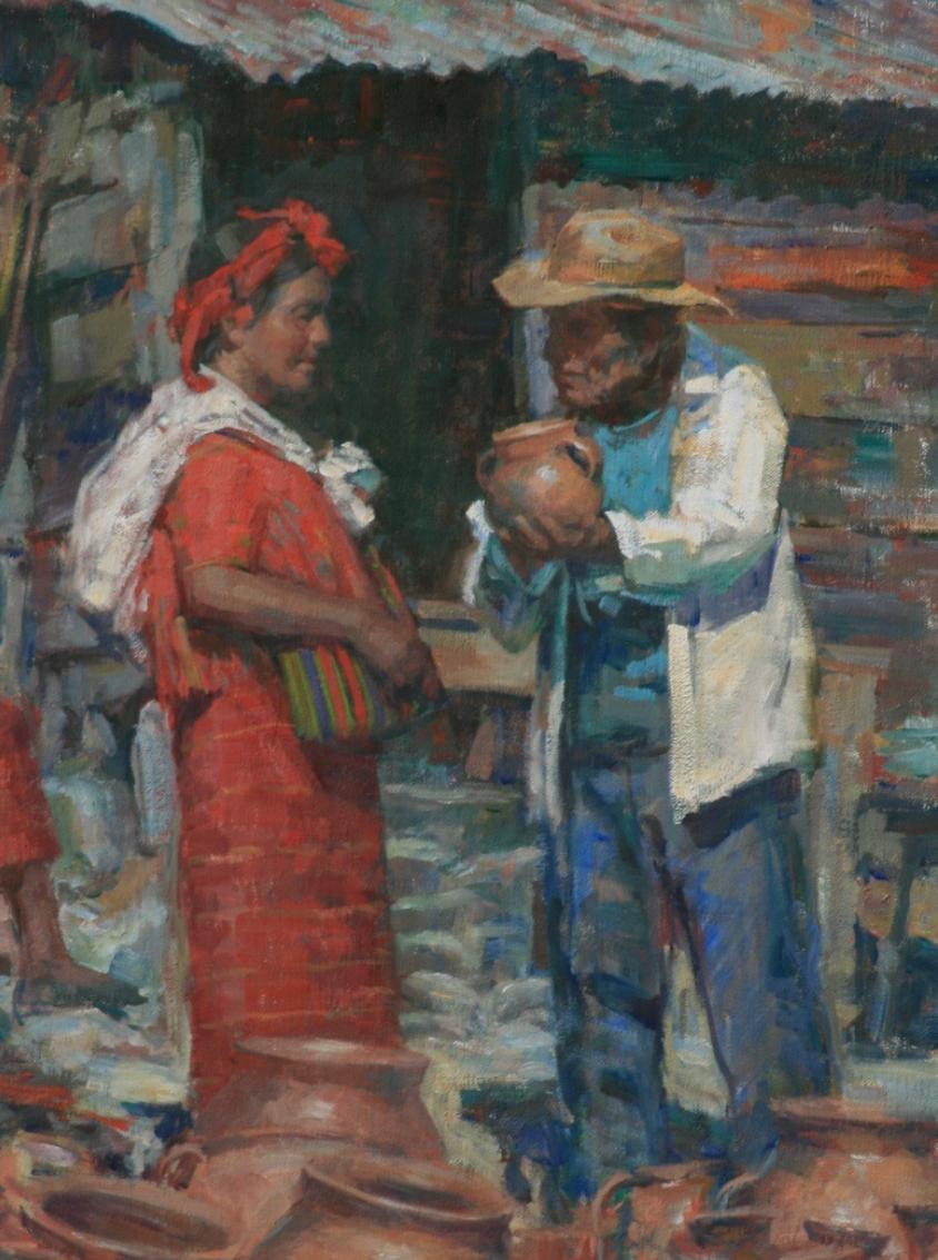 Guatemaltekischer Töpfermarkt ist ein 24 x 18 Ölgemälde auf Leinwand von William Kalwick.  Die Künstlerin reist häufig, um in Antigua und den kleinen Dörfern Guatemalas zu malen. Jedes Dorf ist an den huipil (Blusen) zu erkennen.  die die Frauen