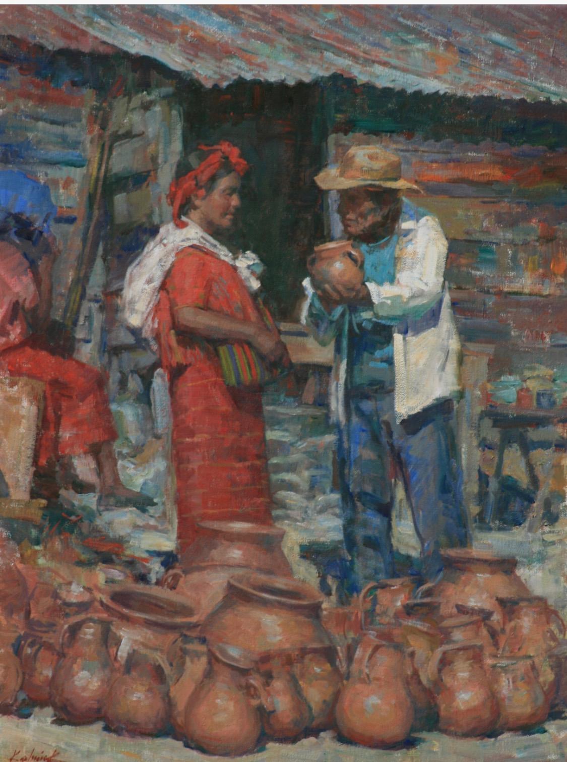 William Kalwick Figurative Painting – Guatemaltekischer Keramikmarkt  Frauen in Huipils  Handgefertigt von Kunsthandwerkern   Kultur