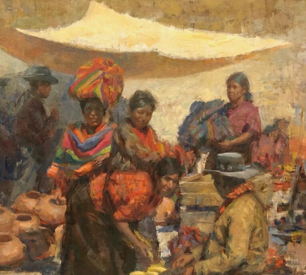  Journée du marché de Nahuala  Guatemala  Ethnie K'iche' Maya  Huile sur toile indigène - Painting de William Kalwick