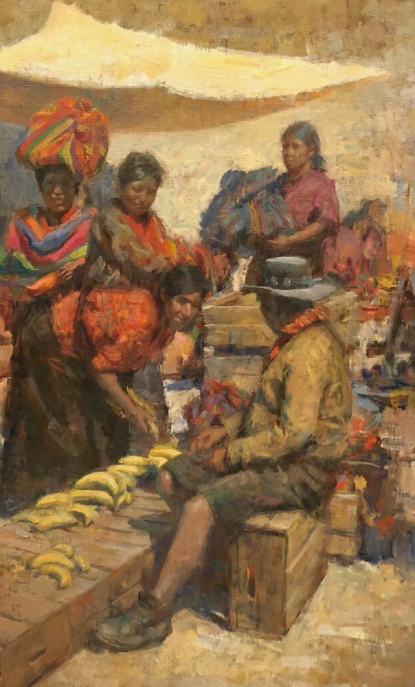  Journée du marché de Nahuala  Guatemala  Ethnie K'iche' Maya  Huile sur toile indigène - Impressionnisme américain Painting par William Kalwick
