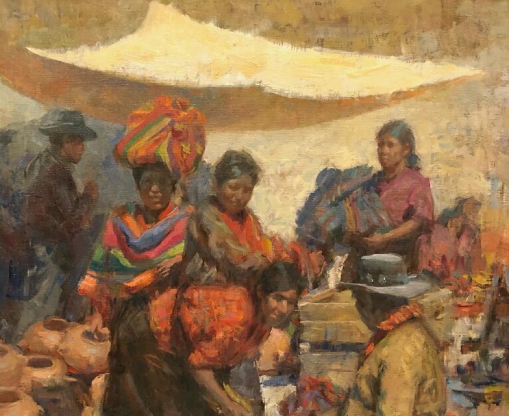  Journée du marché de Nahuala  Guatemala  Ethnie K'iche' Maya  Huile sur toile indigène en vente 1