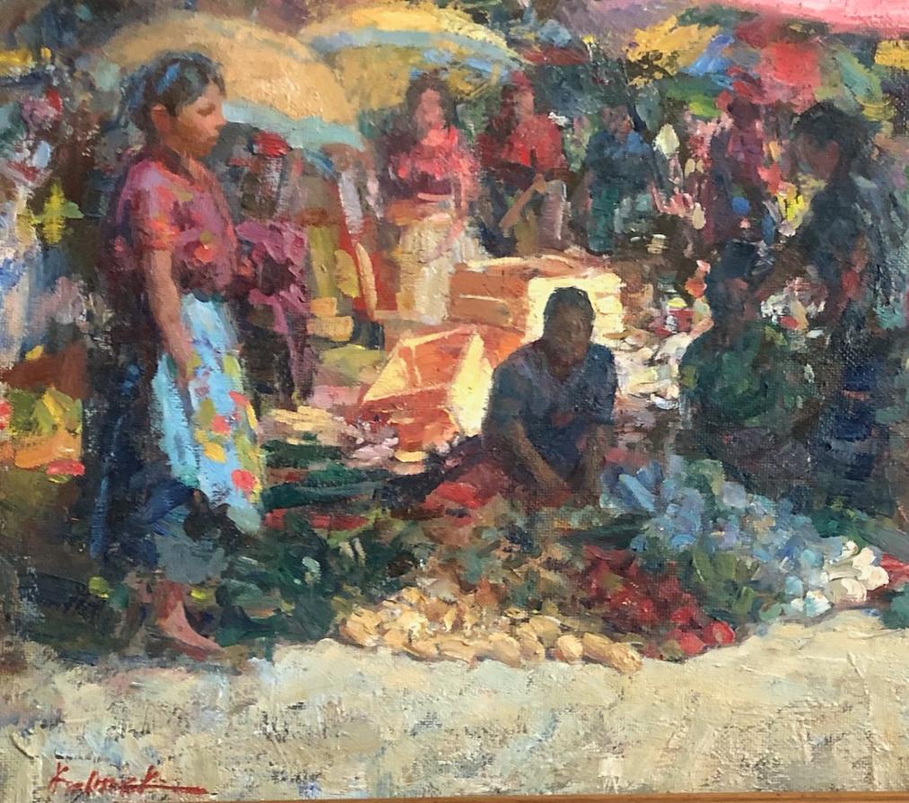 Market San Ildefonso  Guatemala  Huipil  - Impressionnisme américain Painting par William Kalwick