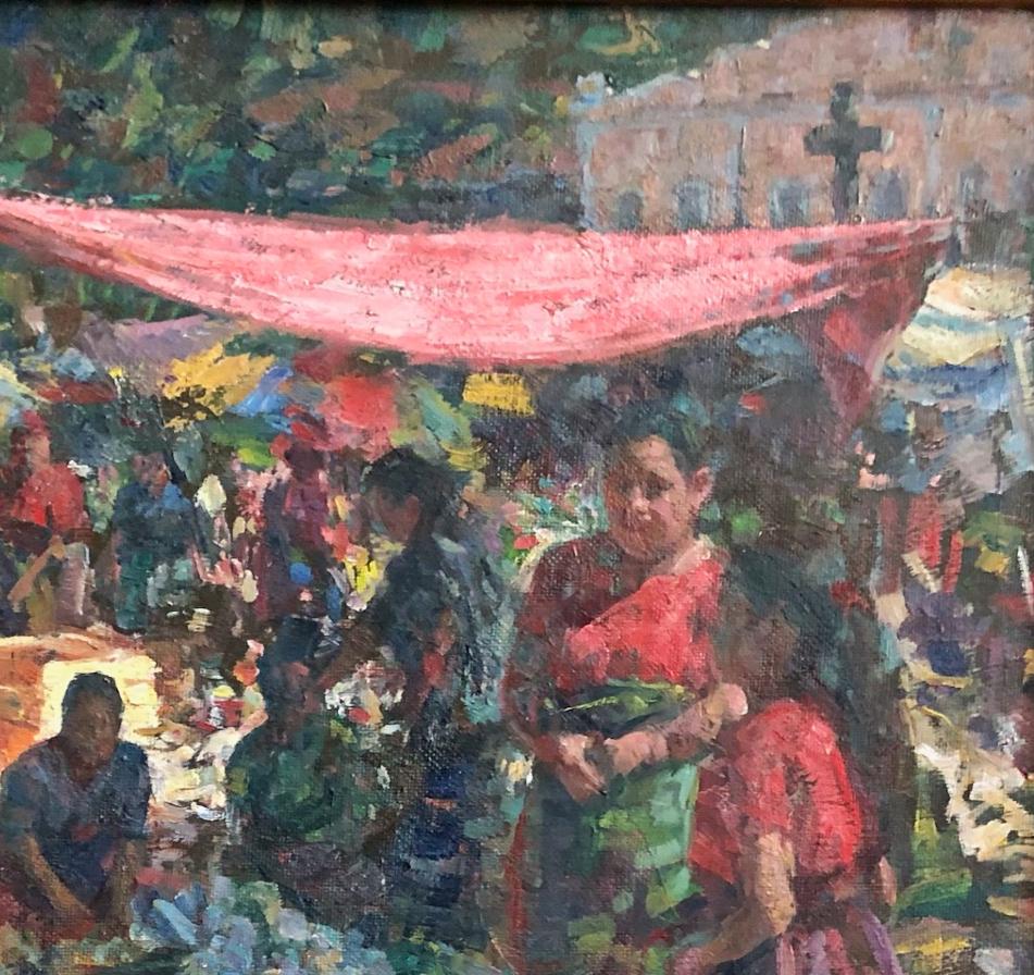San Ildefonso Markt  in  Guatemala des Künstlers William Kalwick  stellt einen typischen Markt in einer der lokalen Städte dar  die in ganz Guatemala abgehalten werden. Dieser Markt findet in Antigua, Guatemala, statt. In jeder Stadt Guatemalas