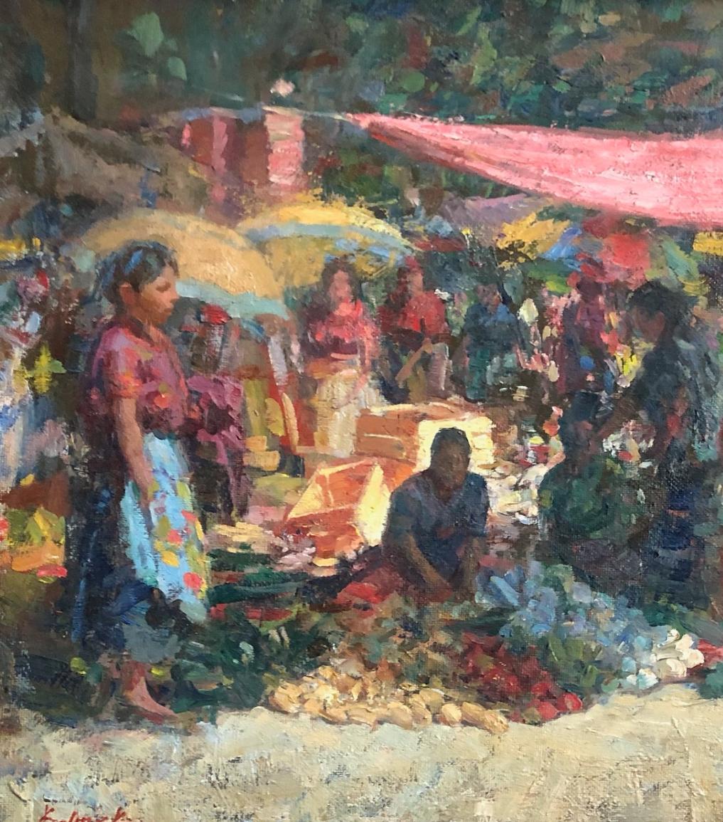 San Ildefonso Market  in  Guatemala by artist William Kalwick  depicts a typical market in one of the local towns  that are held throughout Guatemala. This market takes place in Antigua, Guatemala. Each town in Guatemala has their market on one or