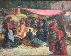 San Ildefonso Market in Guatemala, 16 x 20 Oil Painting, Signed, Framed, Huipil