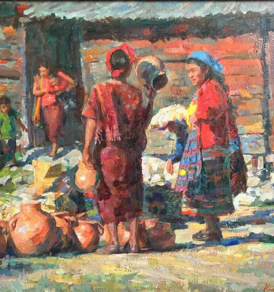  Santa Maria de Jesus Market Guatemala   Oil on Canvas  Huipil   - Painting by William Kalwick