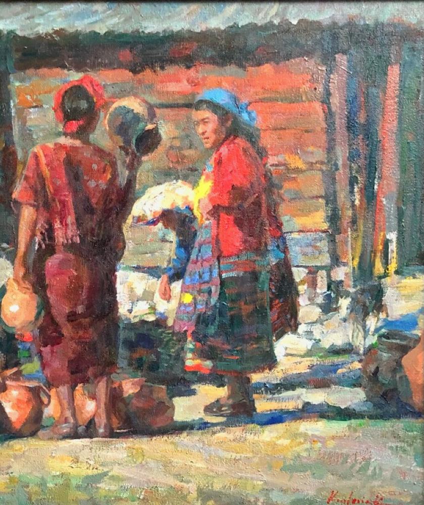  Market Santa Maria de Jesus Guatemala   Huile sur toile  Huipil   - Impressionnisme américain Painting par William Kalwick