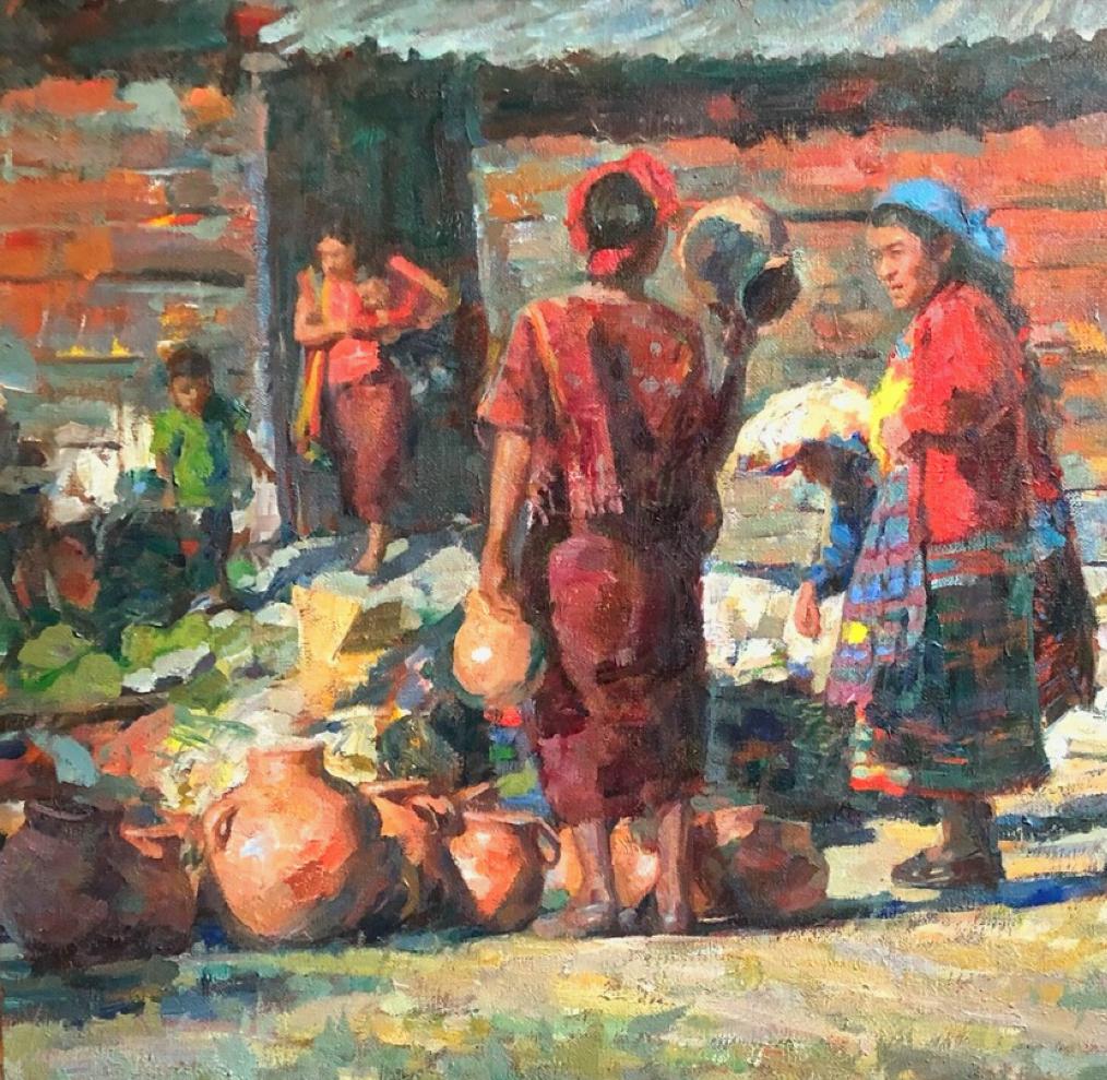  Marché de Santa Maria de Jesus à  Guatemala par l'artiste William Kalwick  représente un marché typique de l'une des Townes locales  qui ont lieu dans tout le Guatemala. Ce marché a lieu à Antigua, au Guatemala. Chaque ville du Guatemala a son