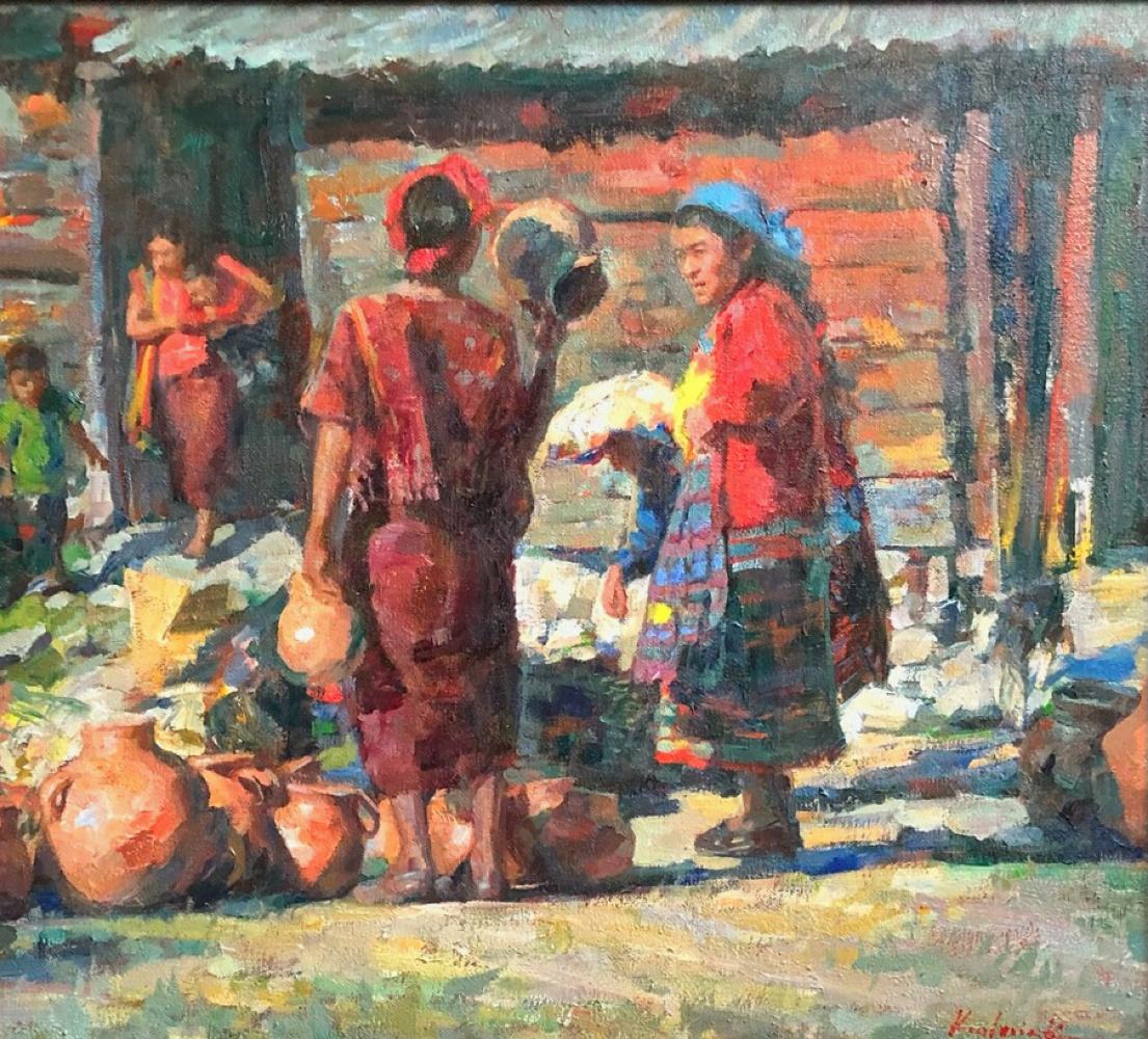  Santa Maria de Jesus Market Guatemala   Oil on Canvas  Huipil   - American Impressionist Painting by William Kalwick