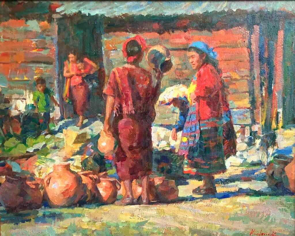  Santa Maria de Jesus Market in  Guatemala by artist William Kalwick  depicts a typical market in one of the local towns  that are held throughout Guatemala. This market takes place in Antigua, Guatemala. Each town in Guatemala has their market on