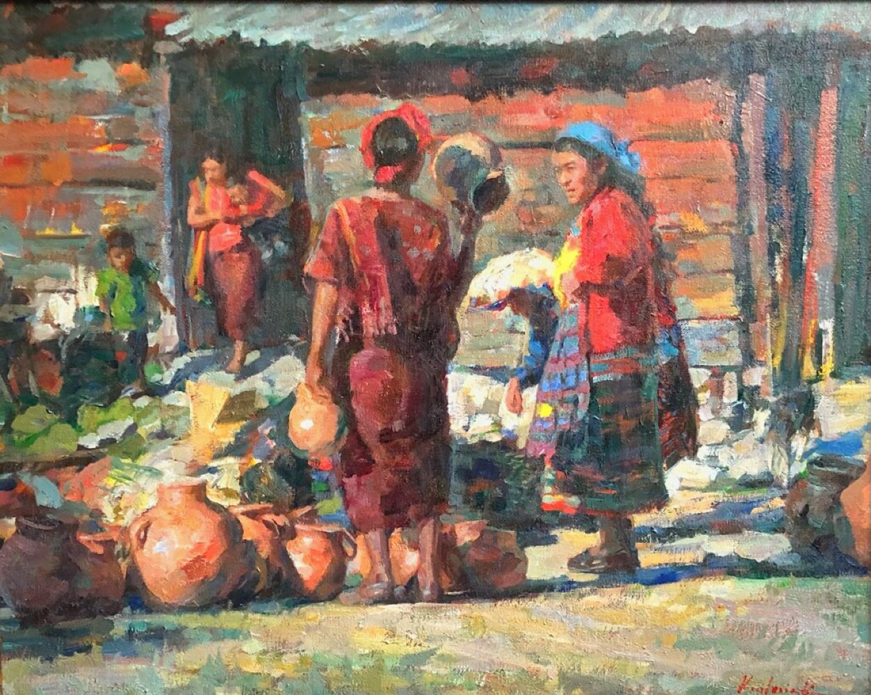 William Kalwick Landscape Painting -  Santa Maria de Jesus Market Guatemala   Oil on Canvas  Huipil  