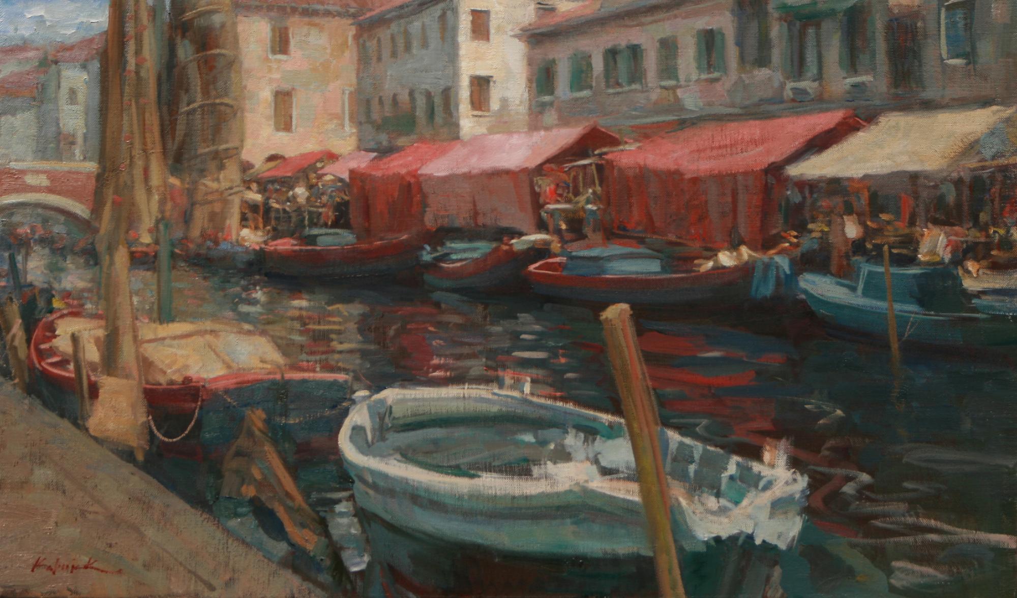 The Grand Canal of Venice von William Kalwick wurde 2023 für eine Ausstellung in der Jack Meier Gallery in Houston, TX gemalt. Der Künstler hat eine Studie über einen der Kanäle in Venedig angefertigt und William Kalwick hat dieses Gemälde in seinem