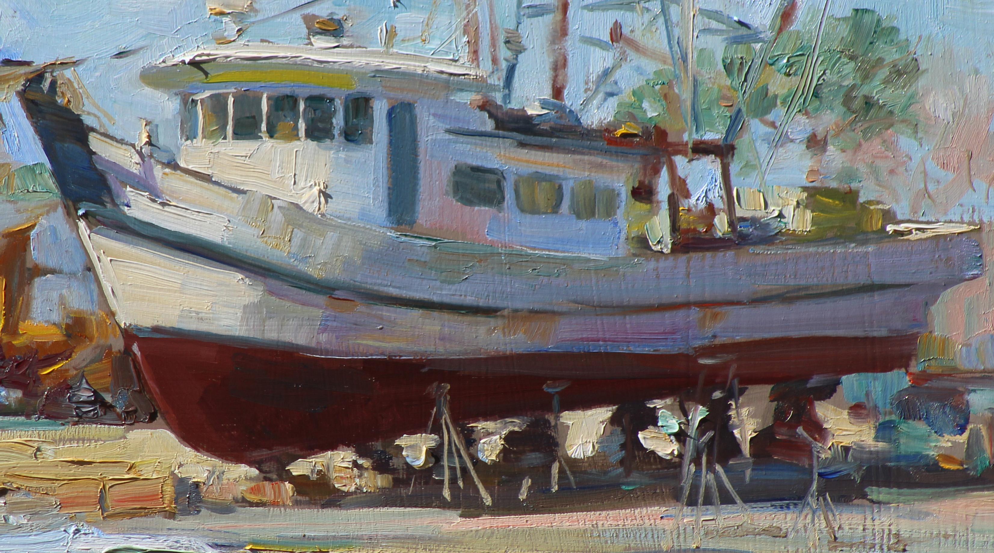 The San Leon Boat Yard, artiste du Texas, côte du Golfe, huile, livraison gratuite, bateau de marais - Painting de William Kalwick