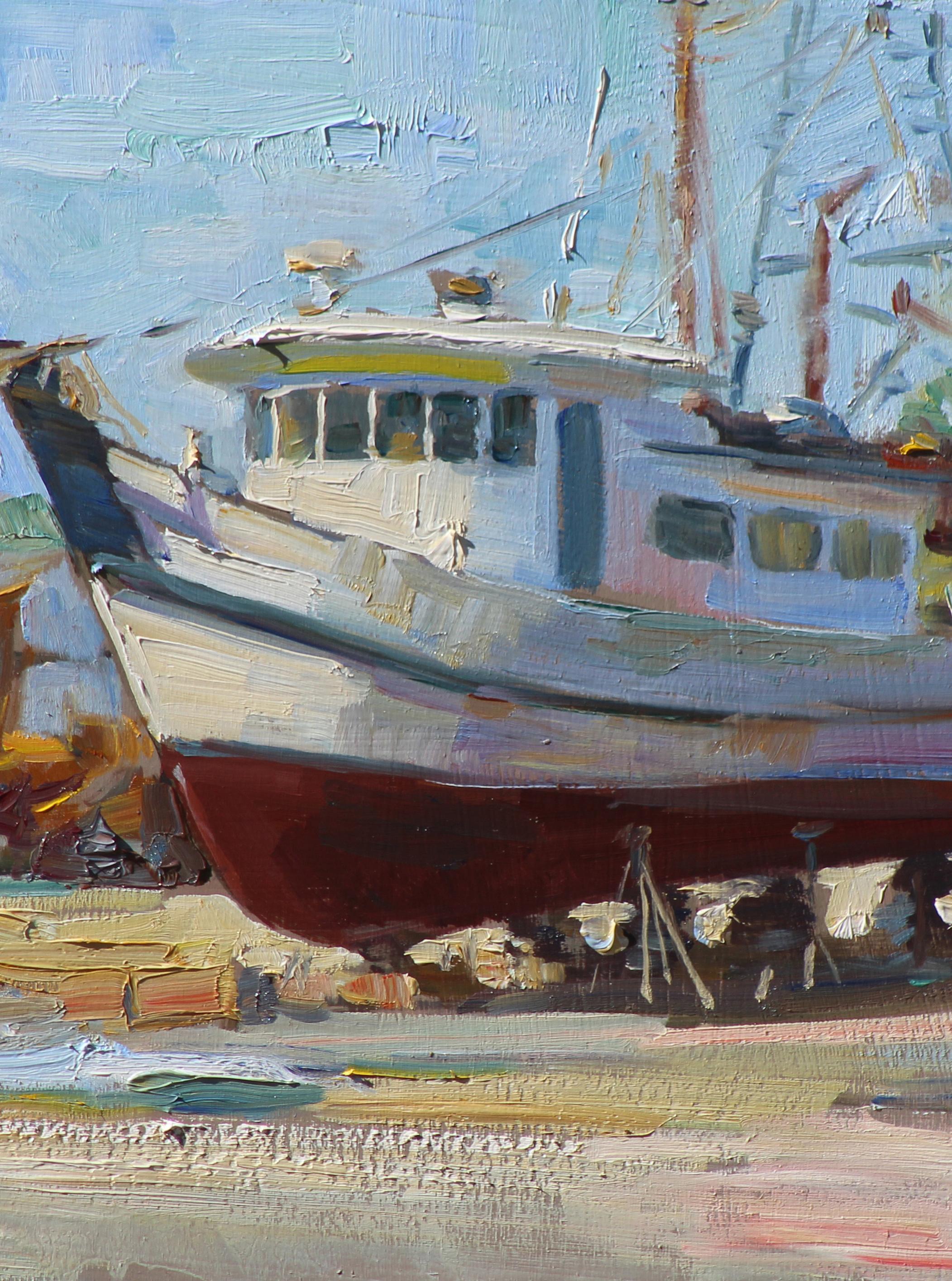 The San Leon Boat Yard, artiste du Texas, côte du Golfe, huile, livraison gratuite, bateau de marais - Impressionnisme américain Painting par William Kalwick