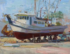The San Leon Boat Yard, Texas Artist, Gulf Coast, Oil,Free Shipping, Shrimp Boat