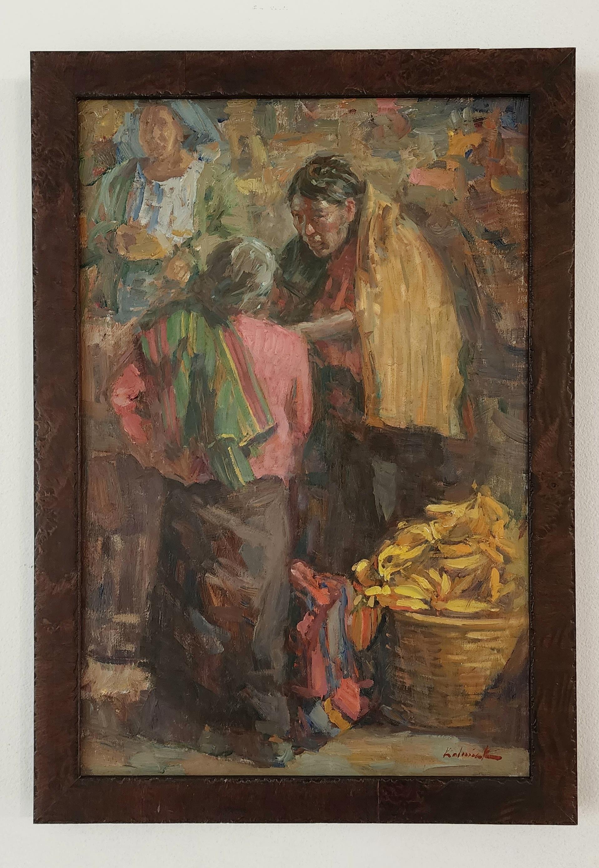 Vendiendo Plátanos - Verkauf von Bananen, Nahualá Guatemala, Öl, 18 x 12, Markt 