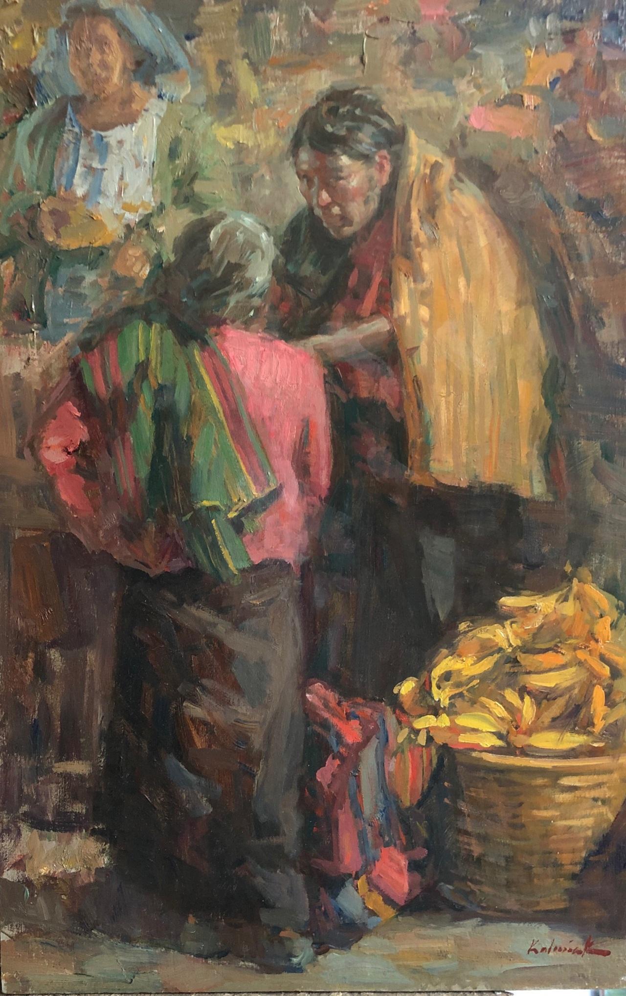 Vendiendo Plátanos -Selling Bananas, Nahualá Guatemala, Oil , 18 x 12, Market  - American Impressionist Painting by William Kalwick